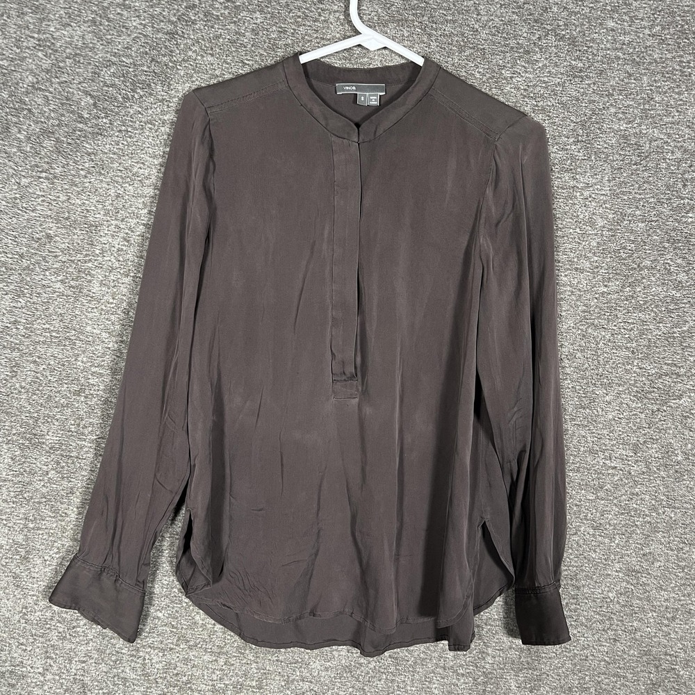 Vince Blouse Womens Small Brown Silk Stretch Long Sleeve Tunic Top Round Neck